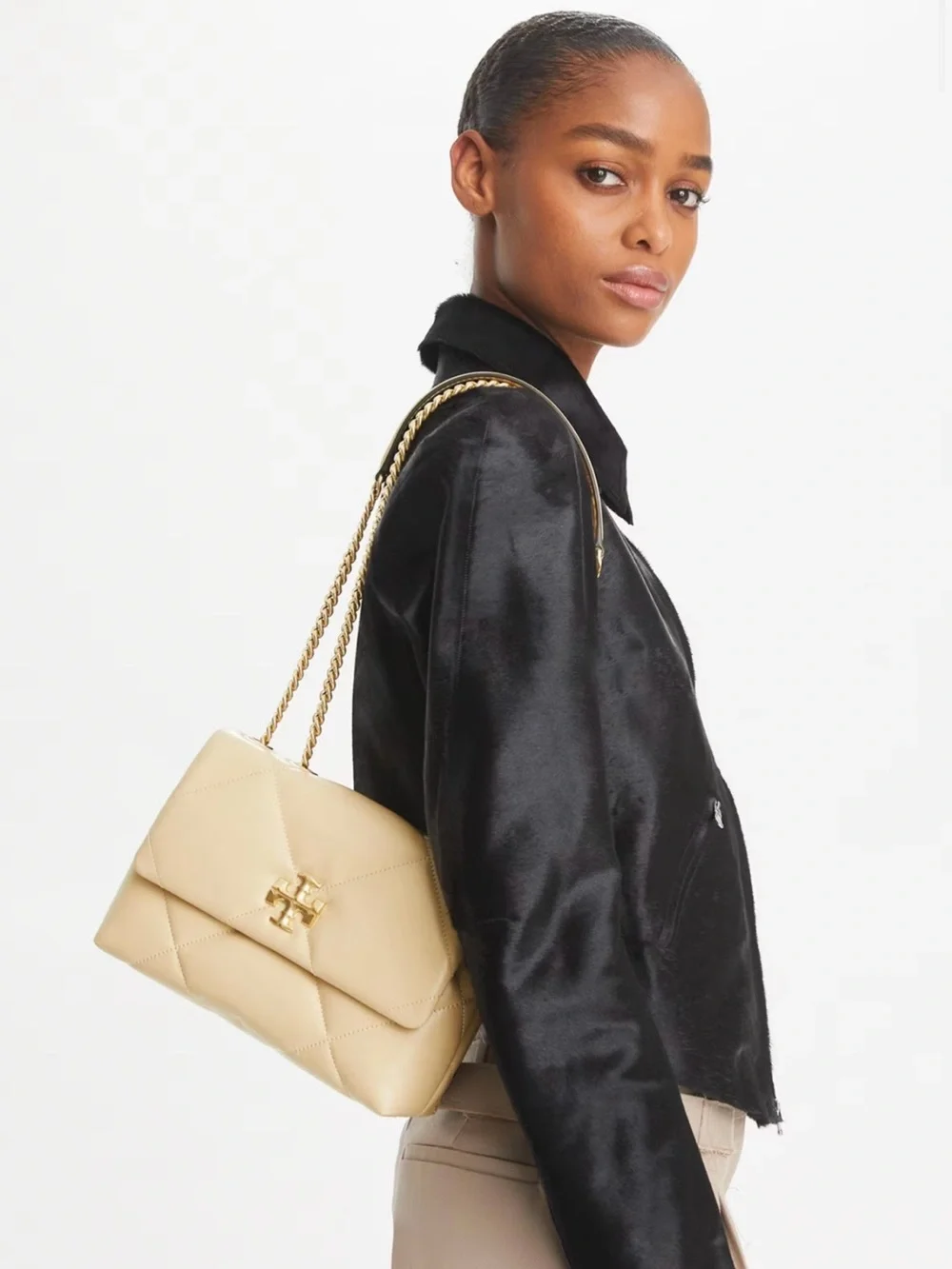 $575 Tory Burch Small Kira Diamond Quilt Shoulder Bag Vanilla Soft Serve